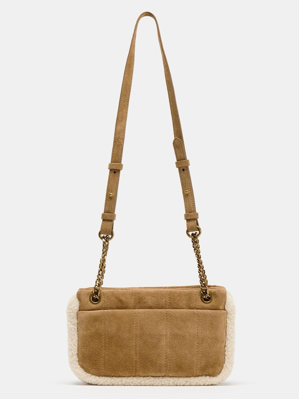 Zara NWT Combined Leather Shearling Crossbody Bag Beige Gold Chain